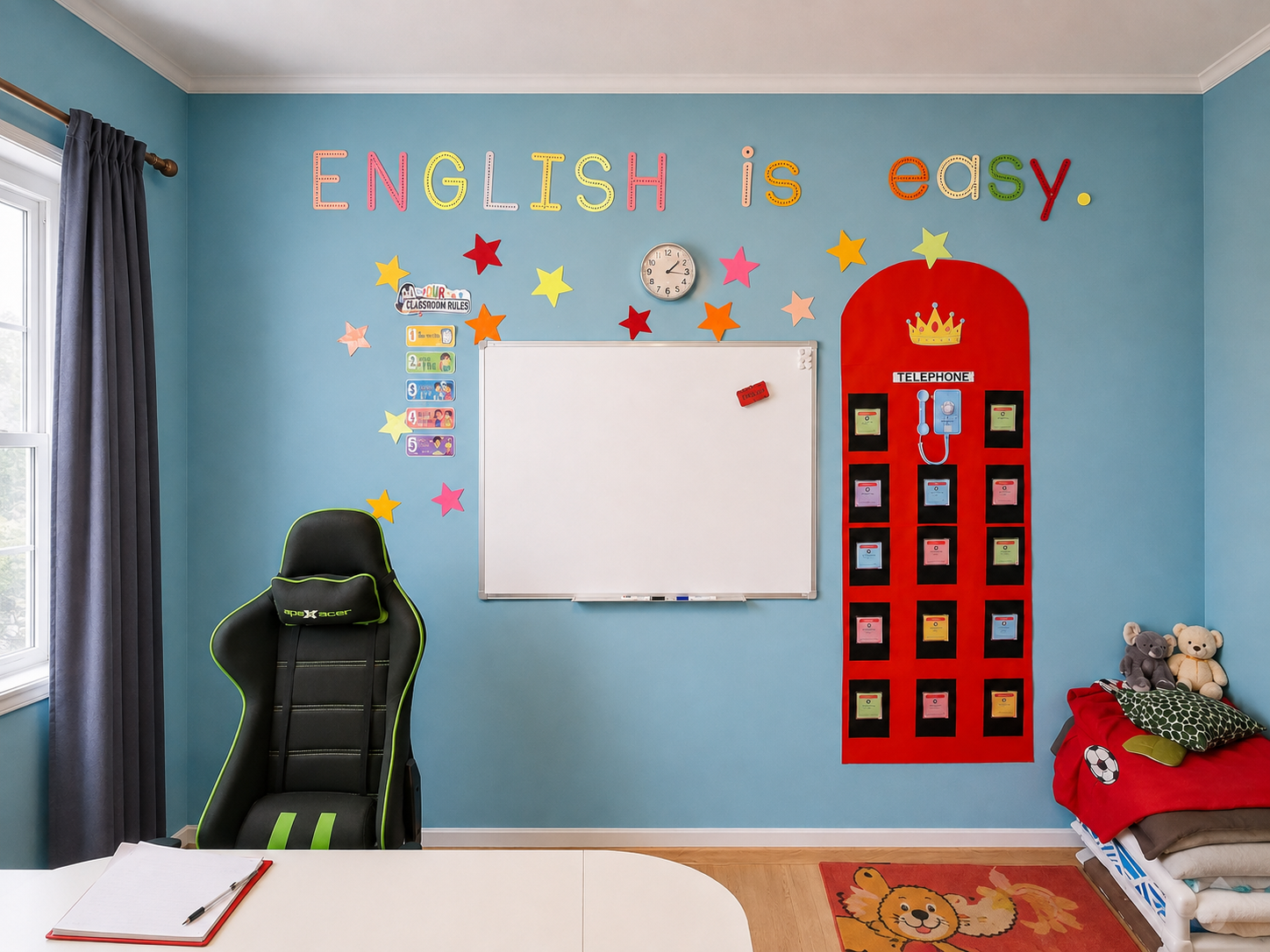 Kolorowa sala Speakable z tablicą i dekoracjami do nauki angielskiego